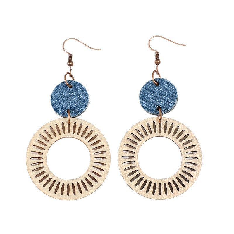 Wholesale Wooden Vintage Bohemian Double-Layer Hollow Circle Earrings Jewelry Accessory