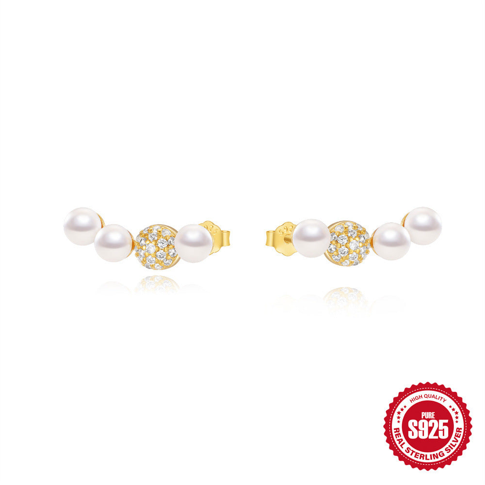 Wholesale  S925 Sterling Silver  Cute Petal Diamond Pearl Earrings