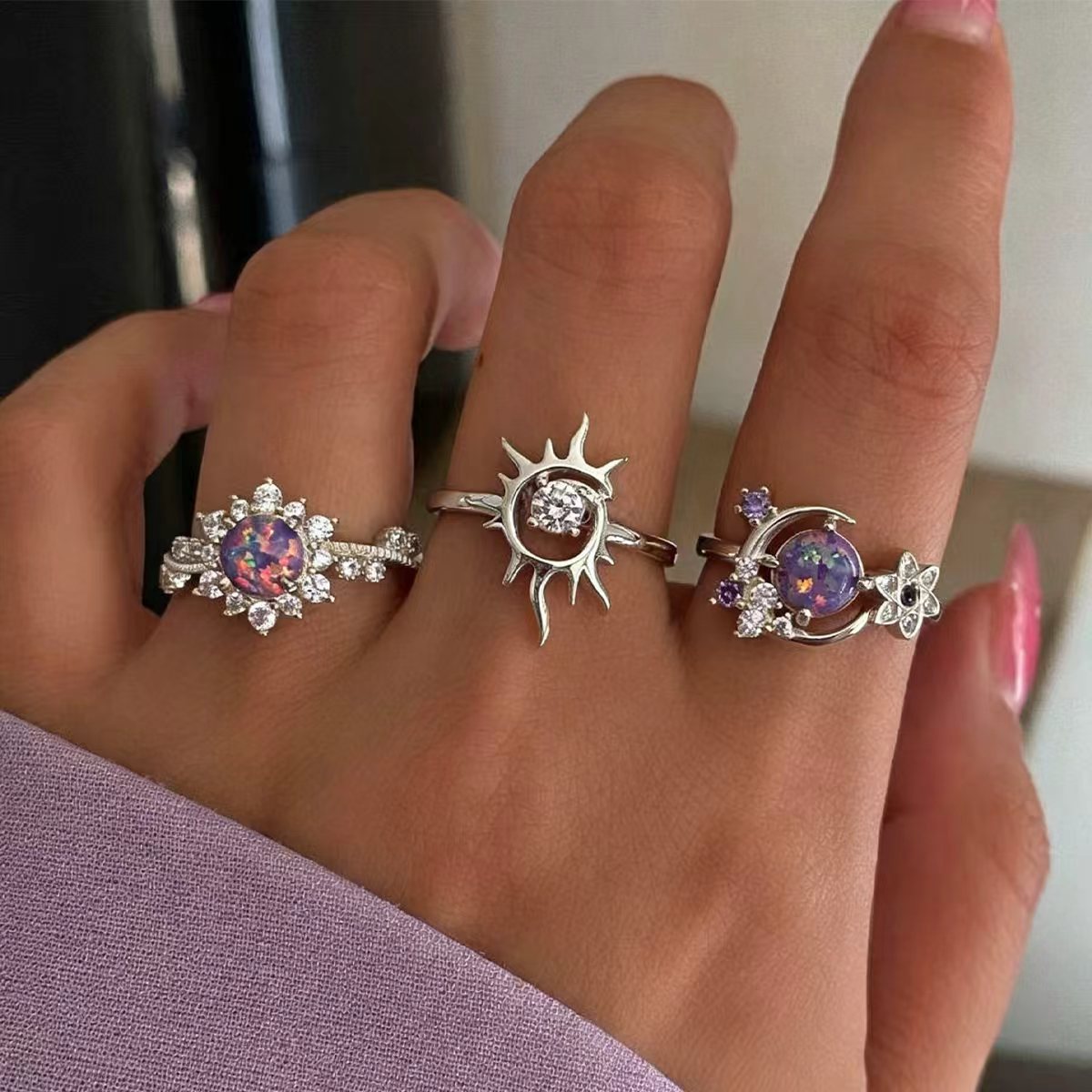 Wholesale Purple Sun Moon Knuckle Ring Set Trendy Fashion Jewelry Accessory Gift