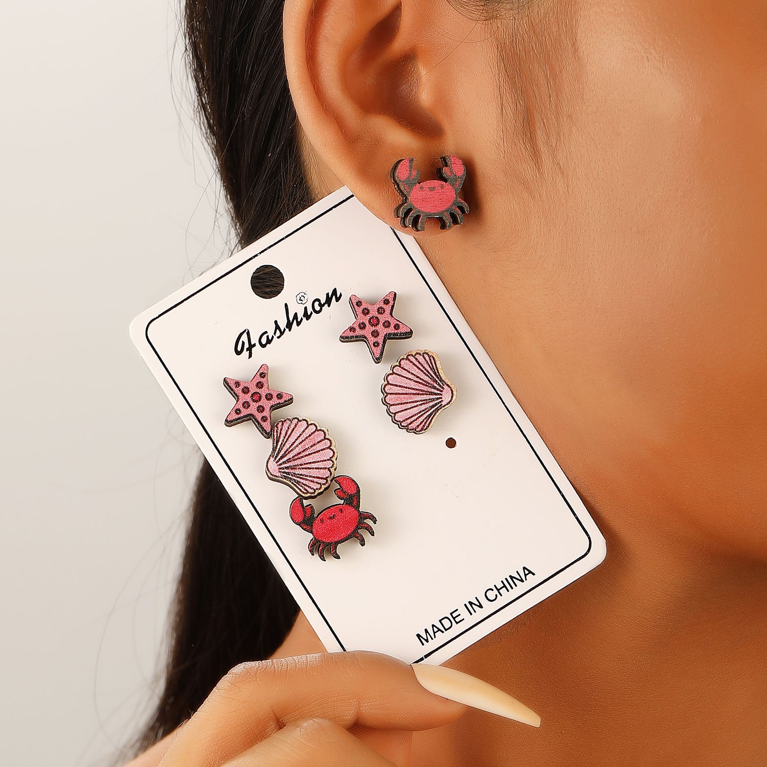 Wholesale Ocean Style Animal Earrings Crab Starfish Turtle Print Wooden Earrings ACC-ES-ChengJing002