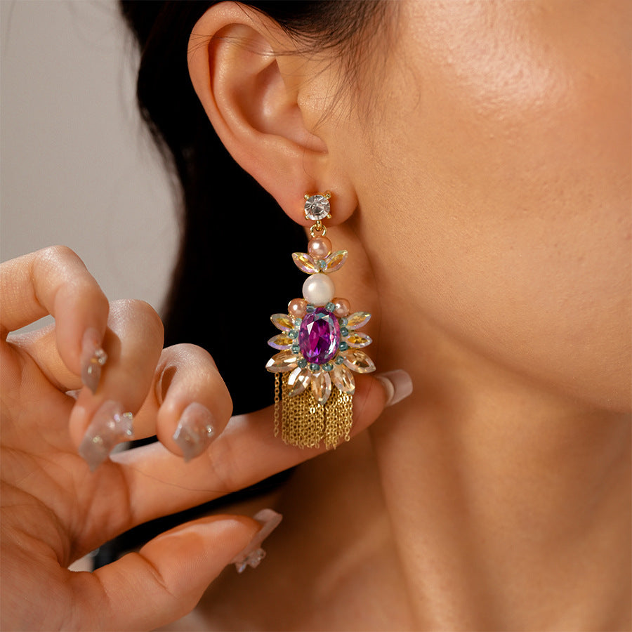 Wholesale Vintage Diamond Pearl Oval Flower Silver Needle Earrings