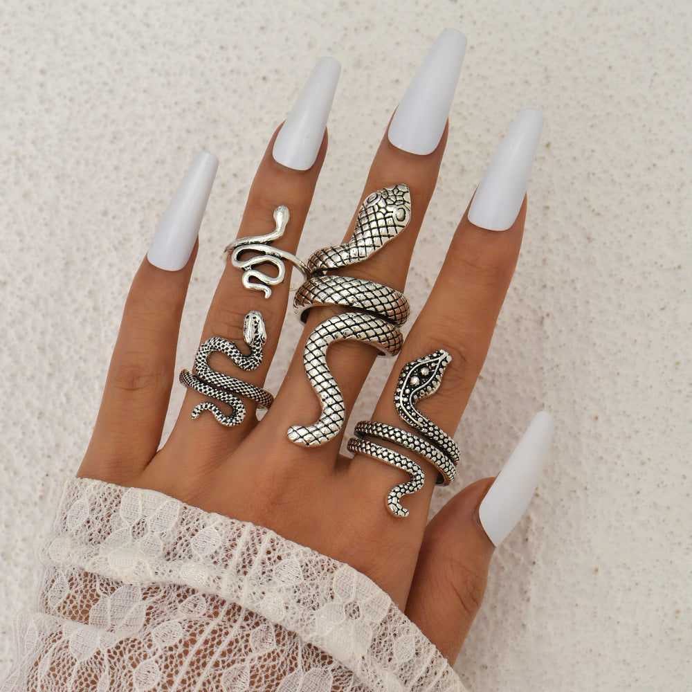 Wholesale  Punk Style Snake-Shaped Animal Retro Exaggerated Four-Piece Ring Set