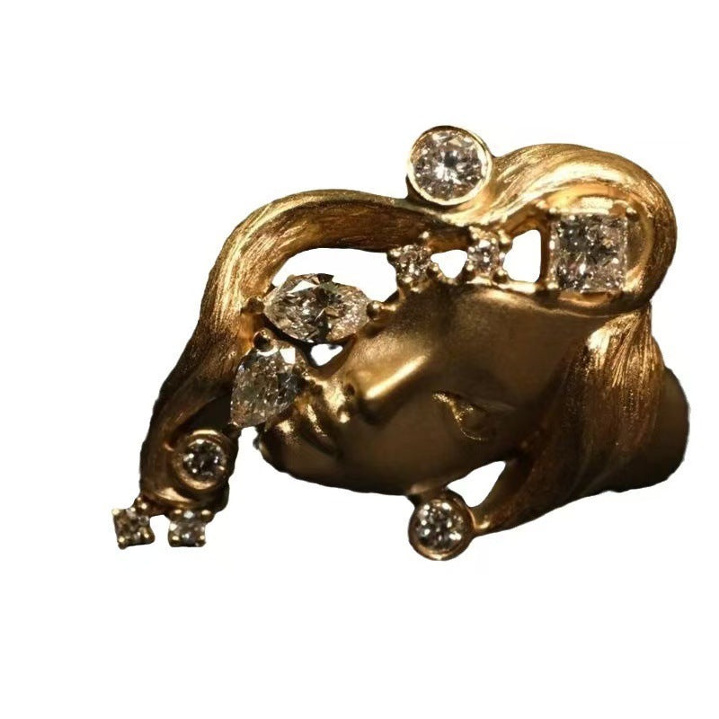 Wholesale retro portrait ring personality niche design diamond mask face food ring
