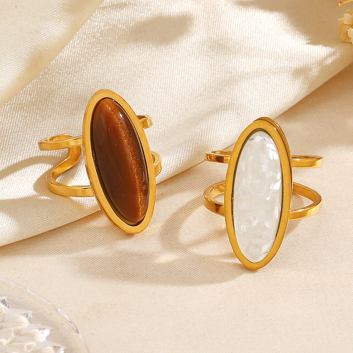 Wholesale Stainless Steel Tiger Eye Stone Geometric Oval Wide Ring for Women - Stylish Hip-Hop Jewelry Accessory