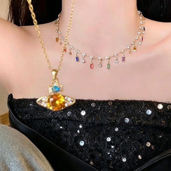 Wholesale Colorful Zircon Saturn Necklace for Women,  Dopamine Stacking Collarbone Chain,  High-End Neck Chain for Summer