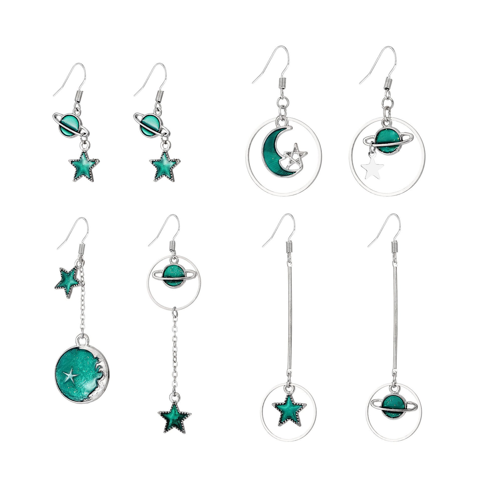 Wholesale Oil dripping star and moon shaped planet asymmetric 4 pairs of earrings set