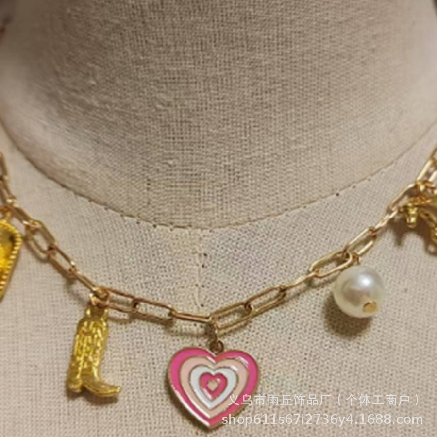 Wholesale Western Cowboy Boots Hat Layered Oil Drop Love Heart Paper Clip Necklace