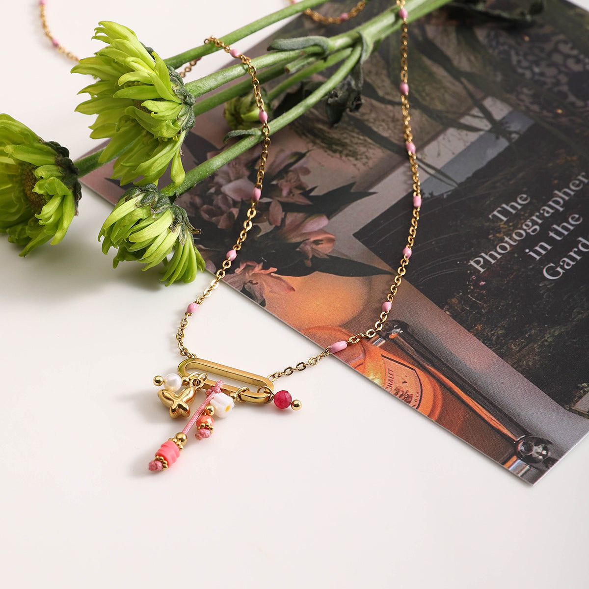 Wholesale  18K Gold Stainless Steel Oil Dropping Pearl Color Crystal Necklaces