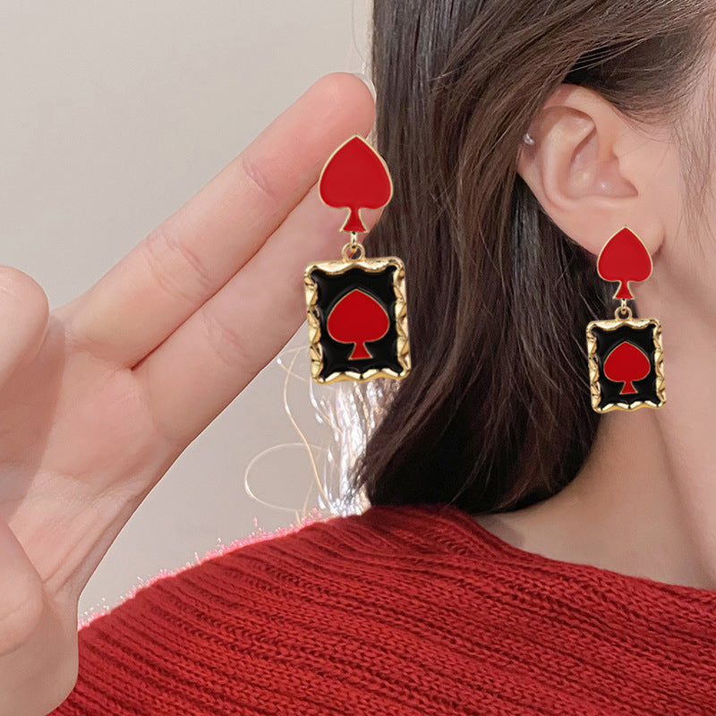 Wholesale red heart playing cards vintage oil dripping alloy earrings ACC-ES-RuLong008