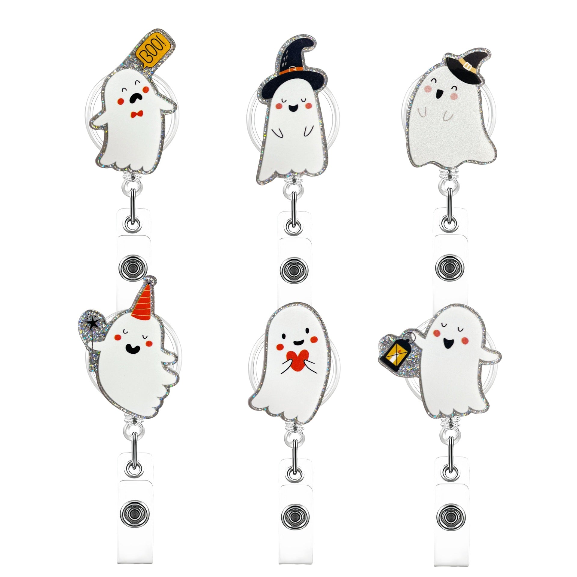 Wholesale Halloween White Ghost Acrylic Retractable Clip Badge Keychain