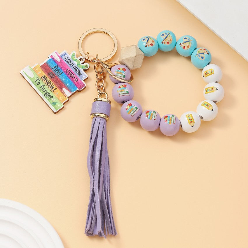 Wholesale Acrylic Fresh Color Tassel Apple Wood Brand Beaded Bracelet Keychains Wristlet Keychain ACC-KC-RongR069