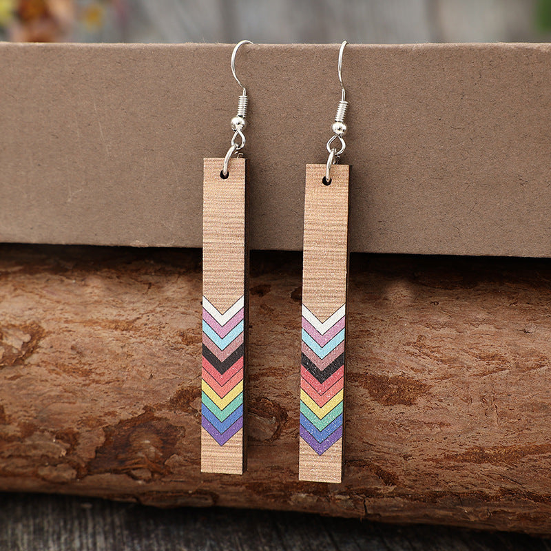 Wholesale  Geometric Rectangular Printed Rainbow Pattern Wooden  Moon Retro Earrings