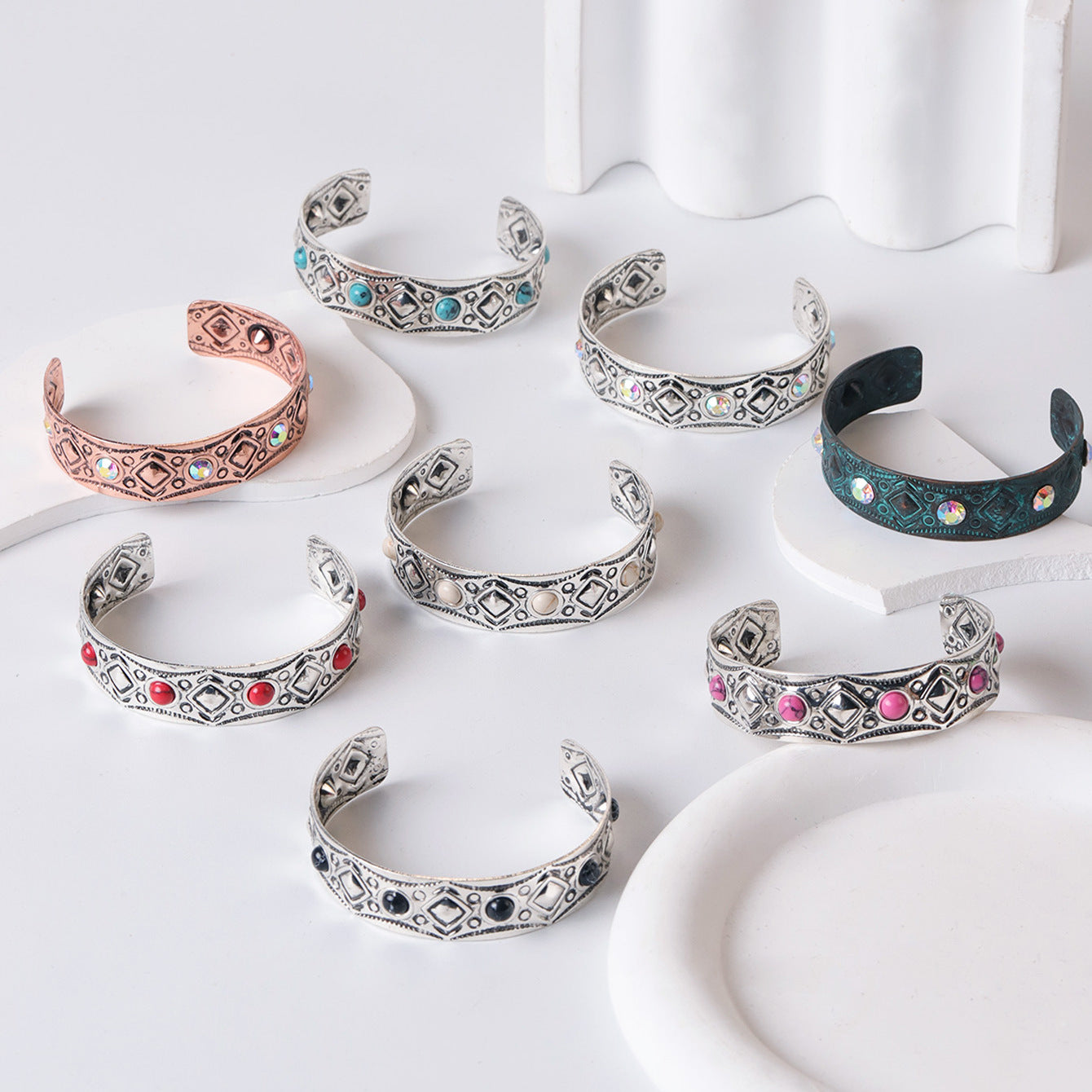 Wholesale Silver Tone Turquoise Inlay Vintage Open Adjustable Bracelet Women Fashion Jewelry Accessory