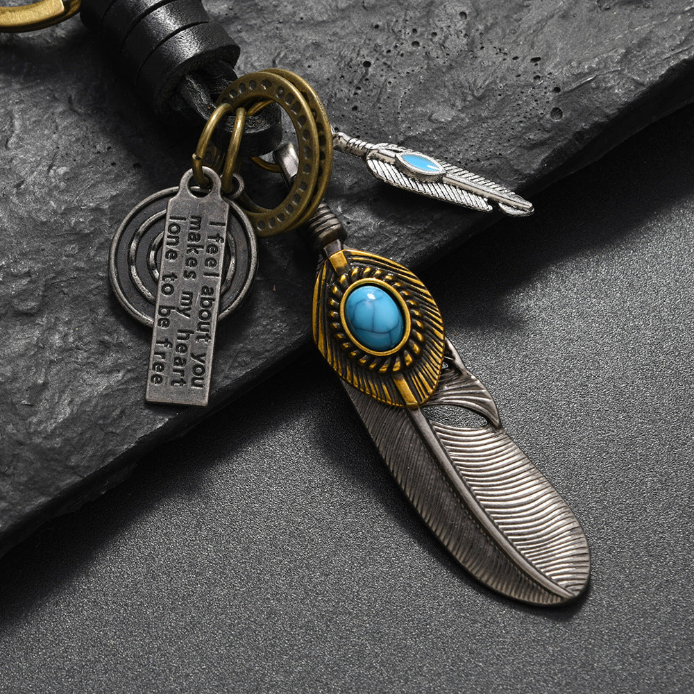 Wholesale  Alloy Bronze Turquoise Feather Retro Woven Cowhide Pendant Keychains