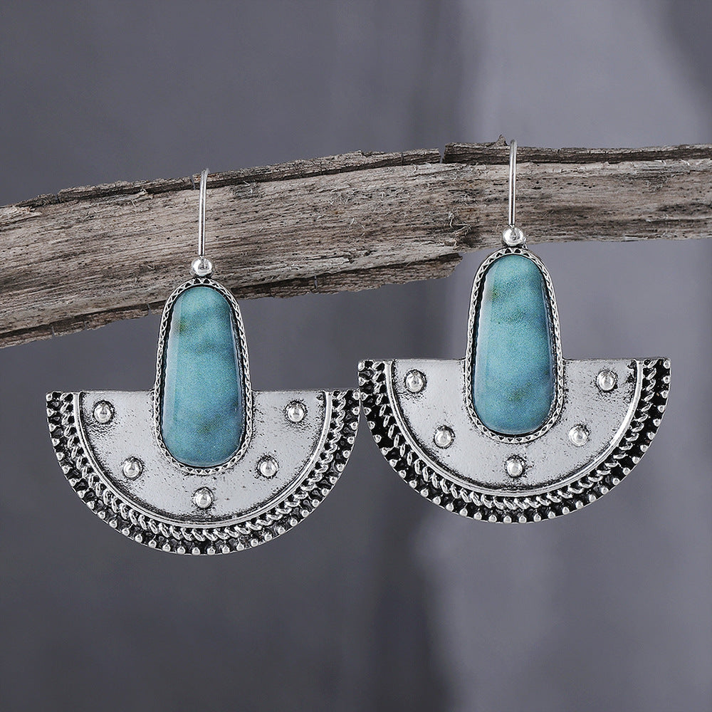 Wholesale Electroplated Zinc Alloy Semi-Circular Turquoise Earrings Ethnic Retro Fashion Accessory