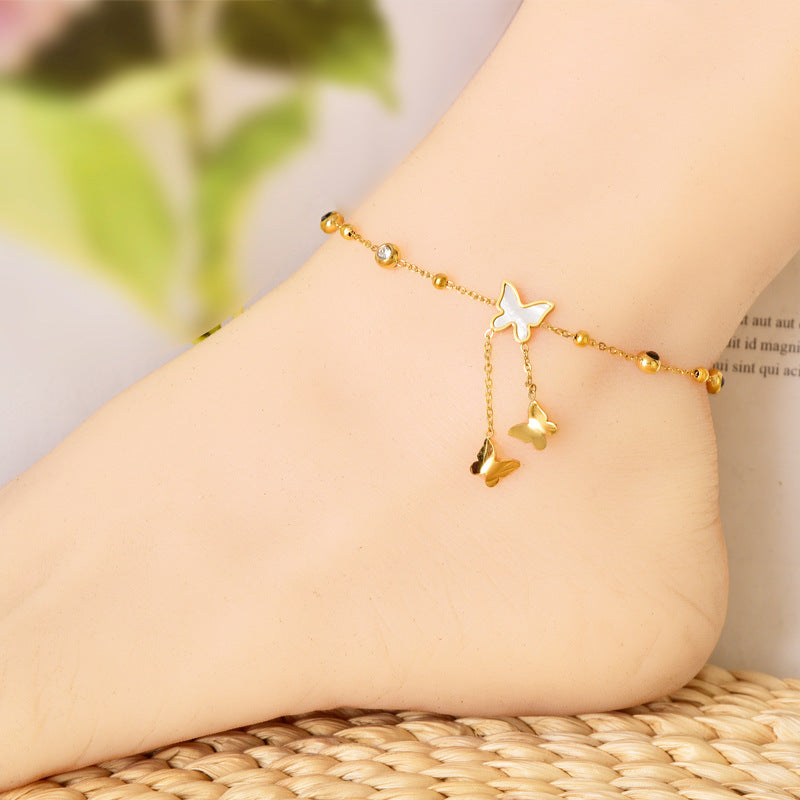 Wholesale Titanium Steel Plated 18K Gold Tassel Butterfly Anklet