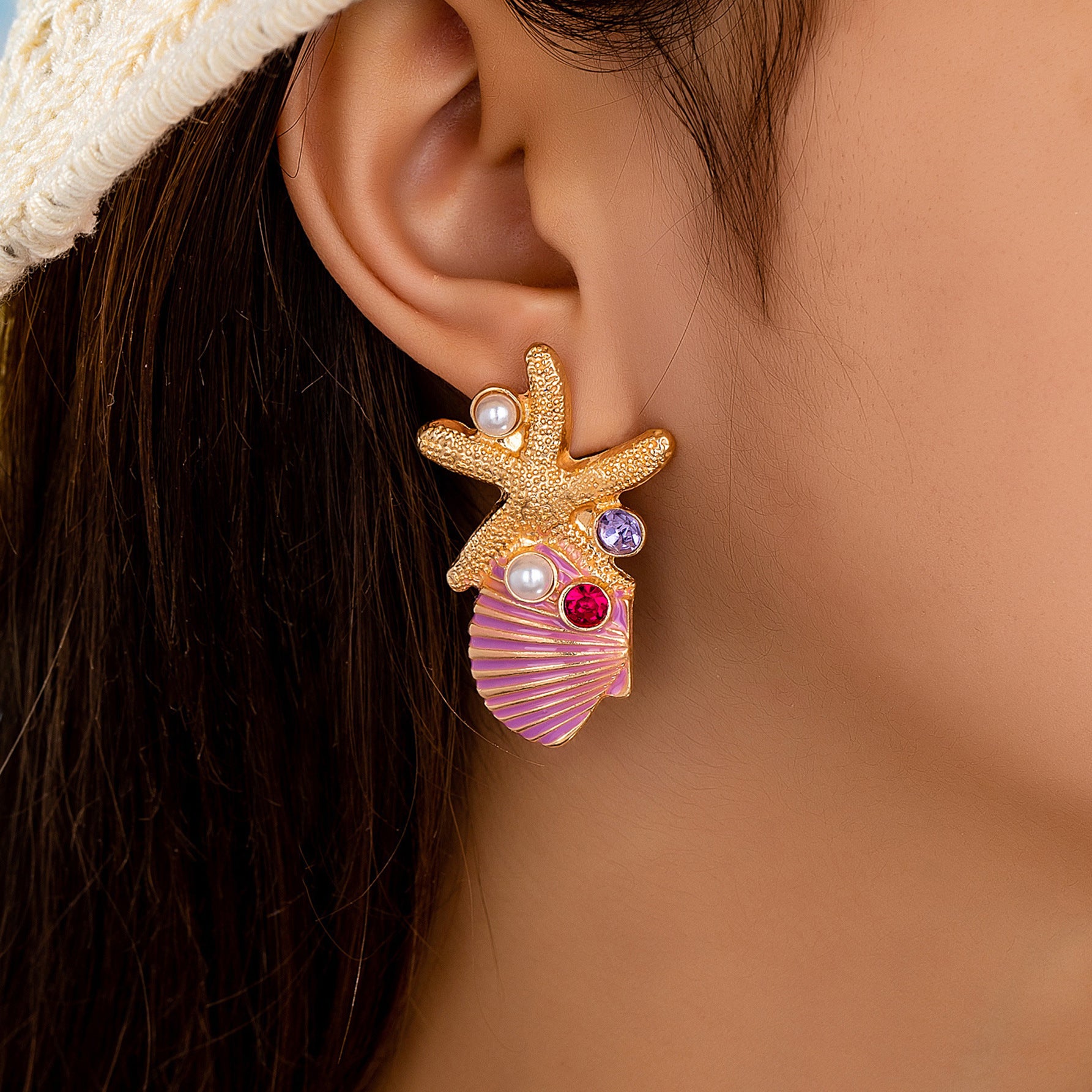 Wholesale Vacation Style Pink Shell Starfish Pearl Rhinestone Earrings For Women Trendy Jewelry Accessory