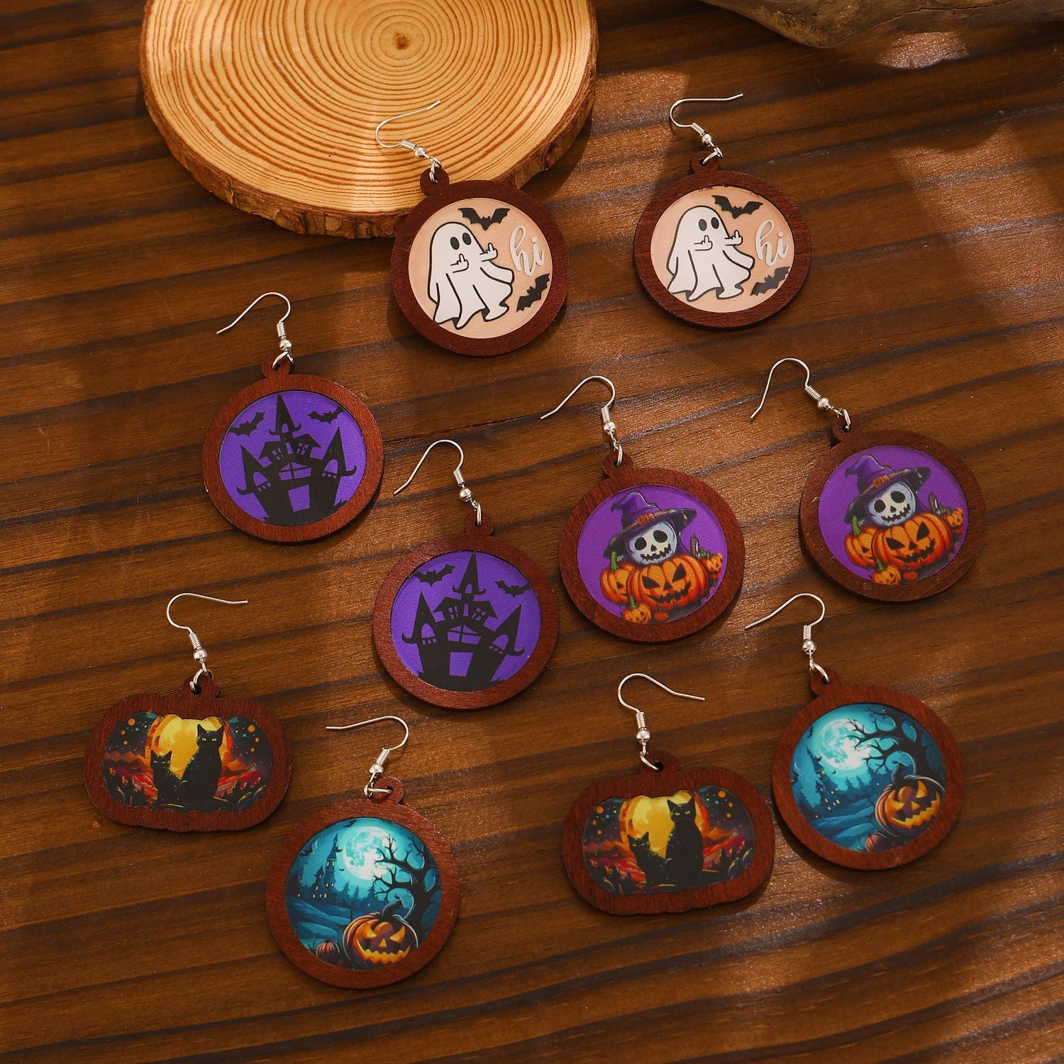 Wholesale  Ghost Pumpkin Printed Wood Drop Earrings Fashion Accessory for Gift Boutique Resale