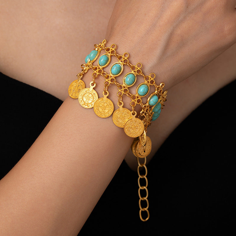 Wholesale Bohemian Turquoise Coin Tassel Bracelet Vintage Ethnic Style Fashion Jewelry Accessory for Travel Souvenir