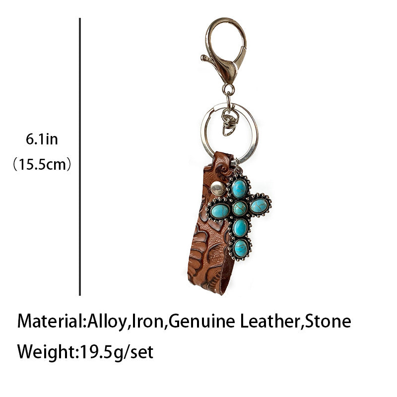 Wholesale Embossed Cowhide Leather Keychain With Turquoise Pumpkin Pendant Western Retro Style Key Ring Fashion Accessory