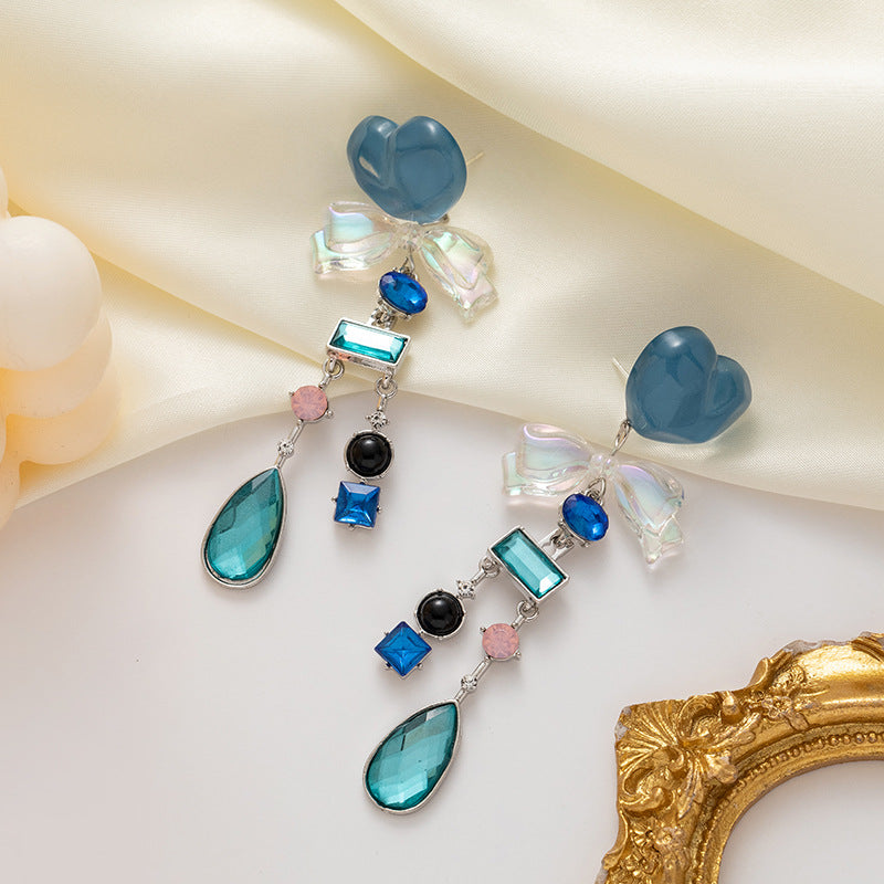 Wholesale silver needle blue water ripple heart earrings