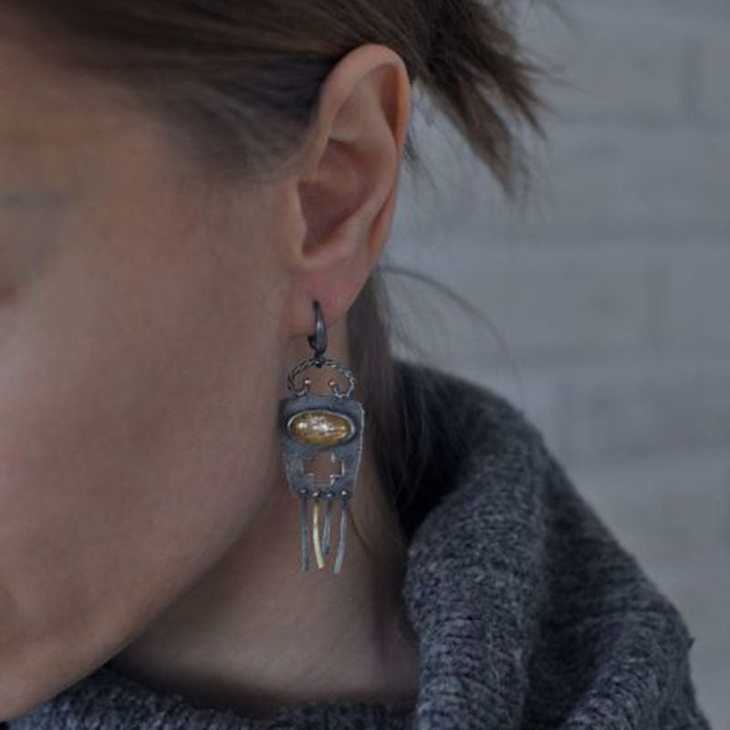 Wholesale Champagne Color Opal Earrings Antique Creative Hollow Cross Asymmetric Earrings