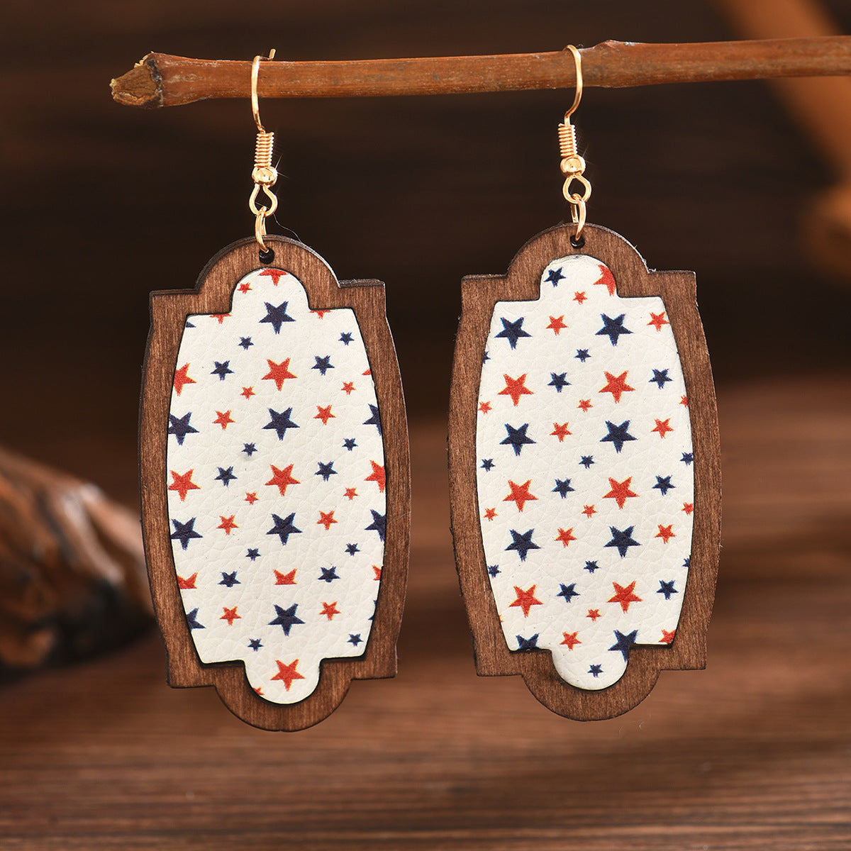 Wholesale American Independence Day Star Leather Pebbled Wooden Earrings ACC-ES-MT005