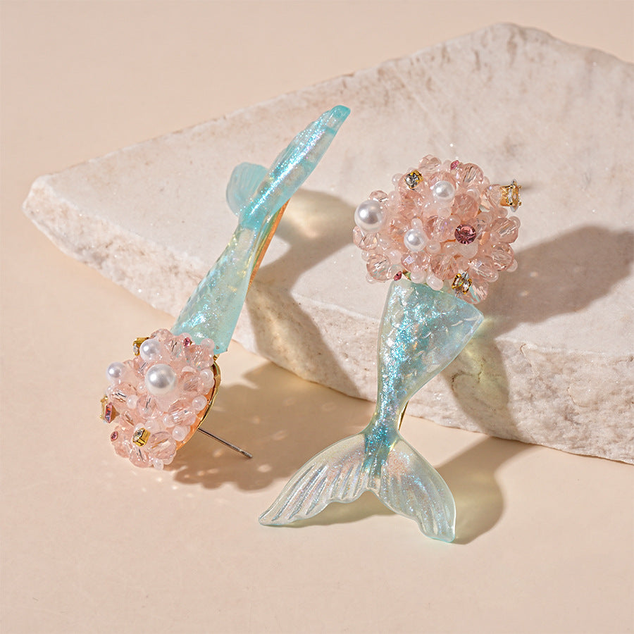 Wholesale  Resin Flower Cluster Mermaid Fish Tail Silver Earrings