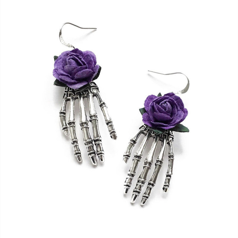 Wholesale Goth Theme Skeleton Hand Red Rose Handmade Earrings ACC-ES-Juna002