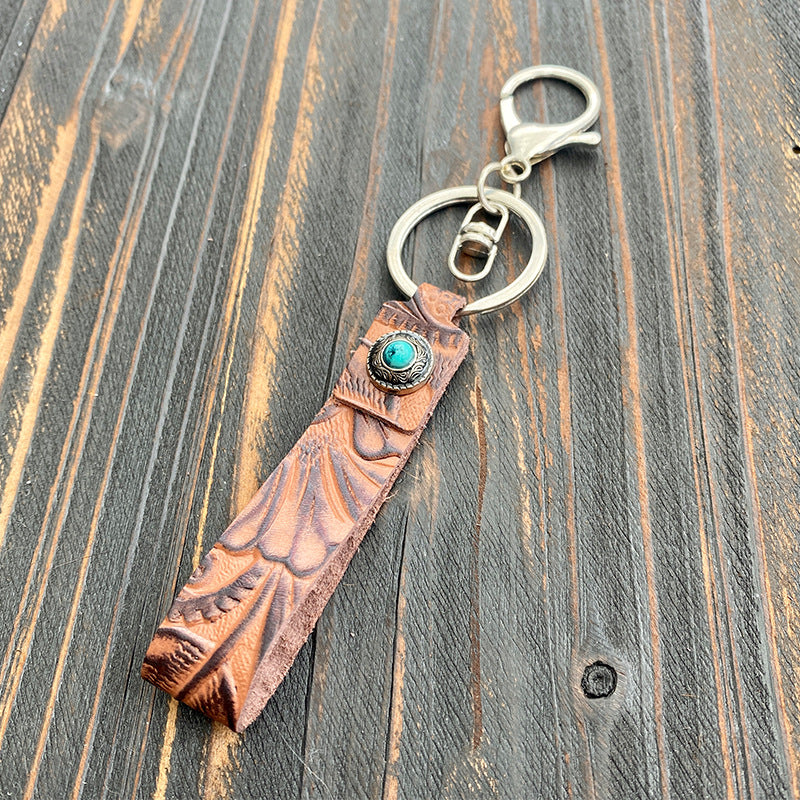 Wholesale Western Vintage Leather Keychain With Turquoise Accent Car Key Accessory And Gift
