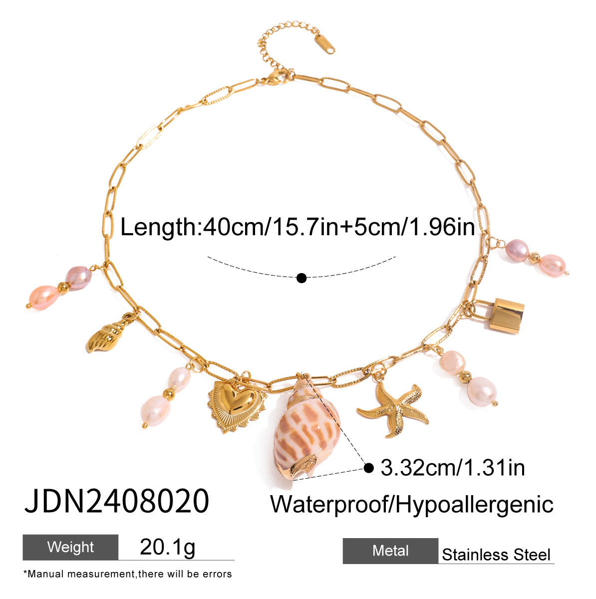 Wholesale  18k Gold Stainless Steel Pearl Hammer Starfish Pearl Conch Love Pendant Necklace