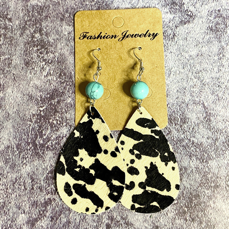 Wholesale Vintage Leather Earrings Western Style Long Teardrop Turquoise Stitching Earrings ACC-ES-XinChuan037