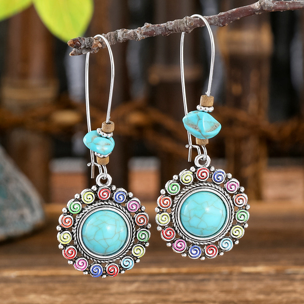 Wholesale Alloy Bohemian Hook Earrings Retro Ethnic Turquoise Oil-Drip Style for Women Gift Boutique Resale