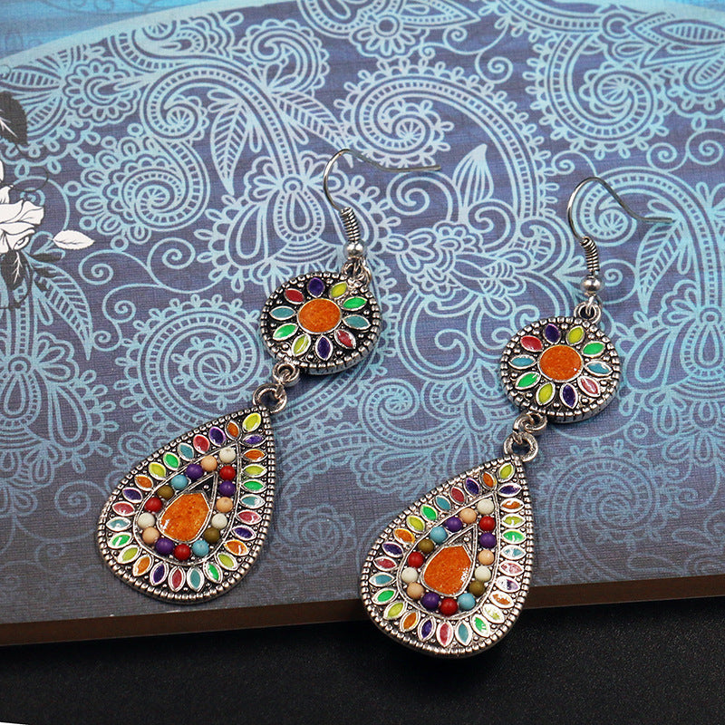 Wholesale hollow alloy retro color  diamond flower  earrings