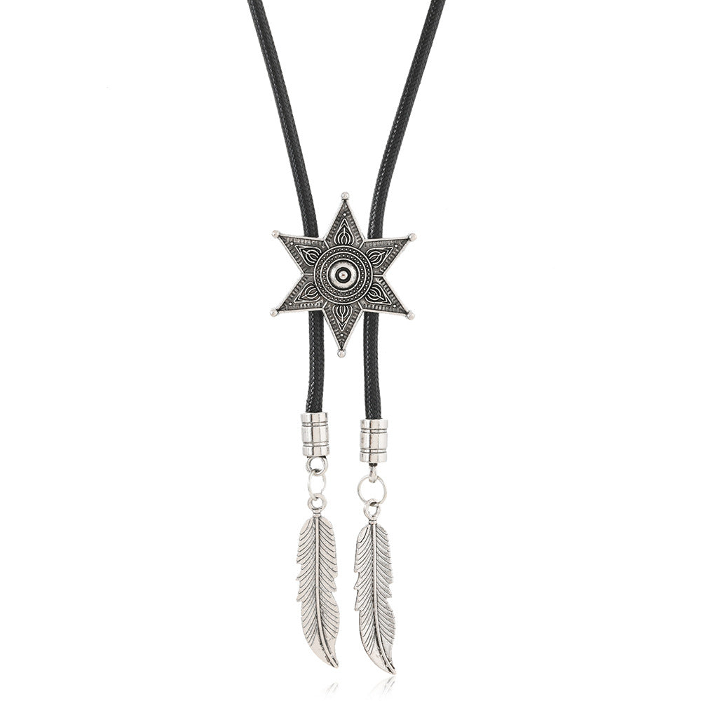 Wholesale Vintage Style Floral Five Pointed Star Cross Disc Bull' s Head Leather Necklace inlaid With  Turquoise