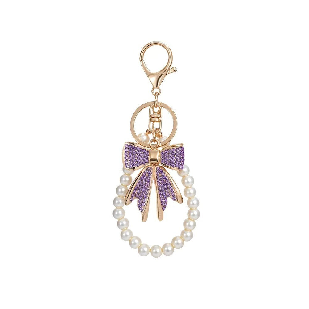 Wholesale Black Zinc Alloy Handmade Cute Korean Style Bow Rhinestone Pearl Bead Car Keychain Phone Chain Bag Charm Gift