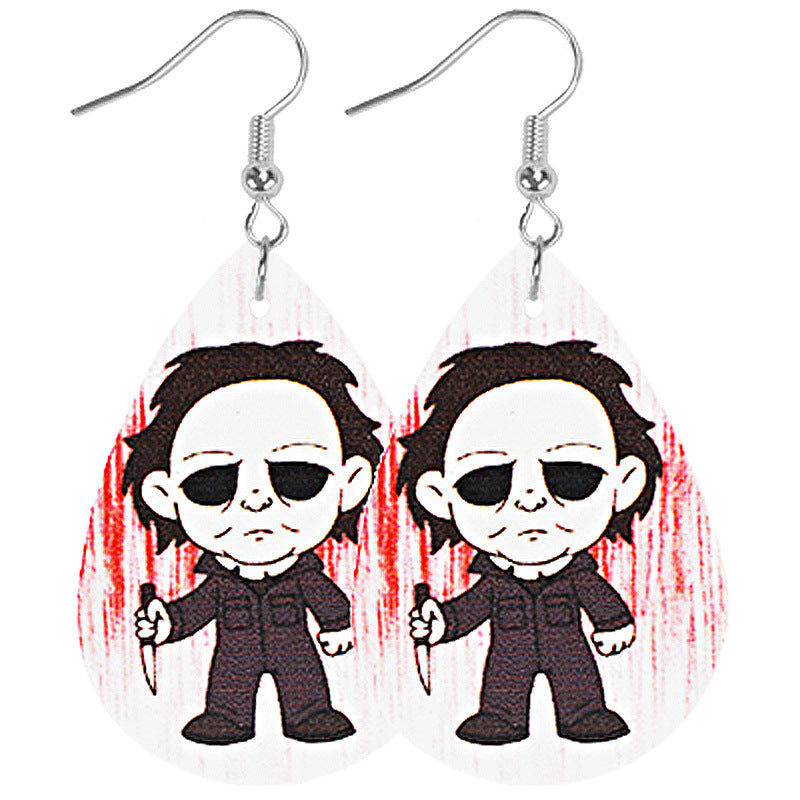 Wholesale Halloween Cute Cartoon Water Drop Shape Leather Earrings for Women Double Sided Printing ACC-ES-Mijun009