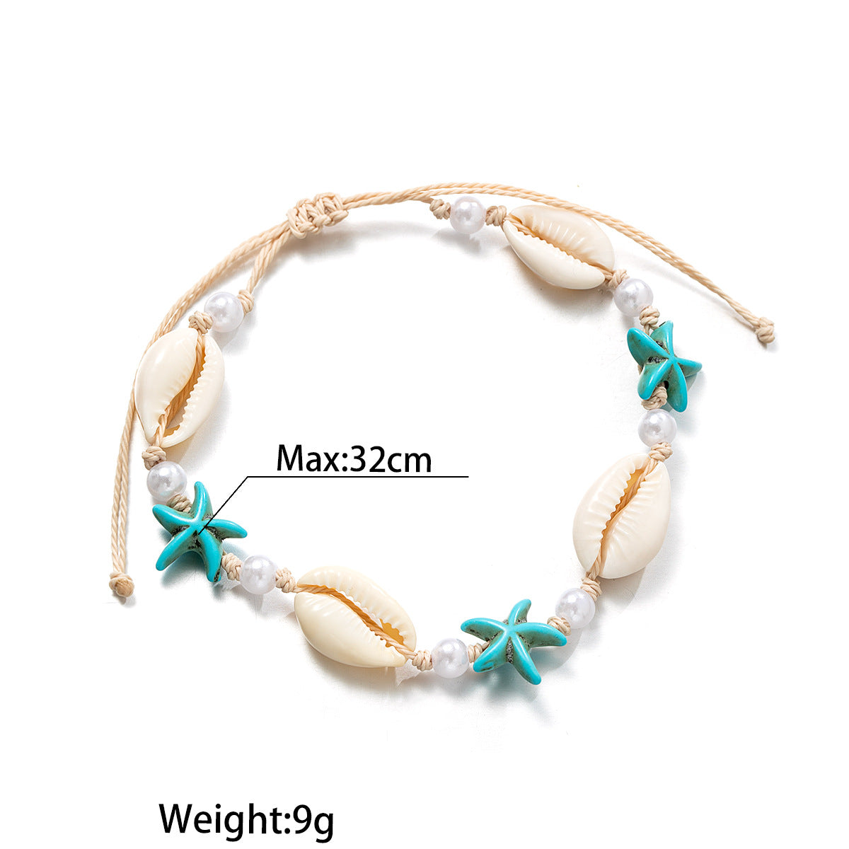 Wholesale Vintage style turquoise starfish shell pearl waterproof wax line adjustable anklet
