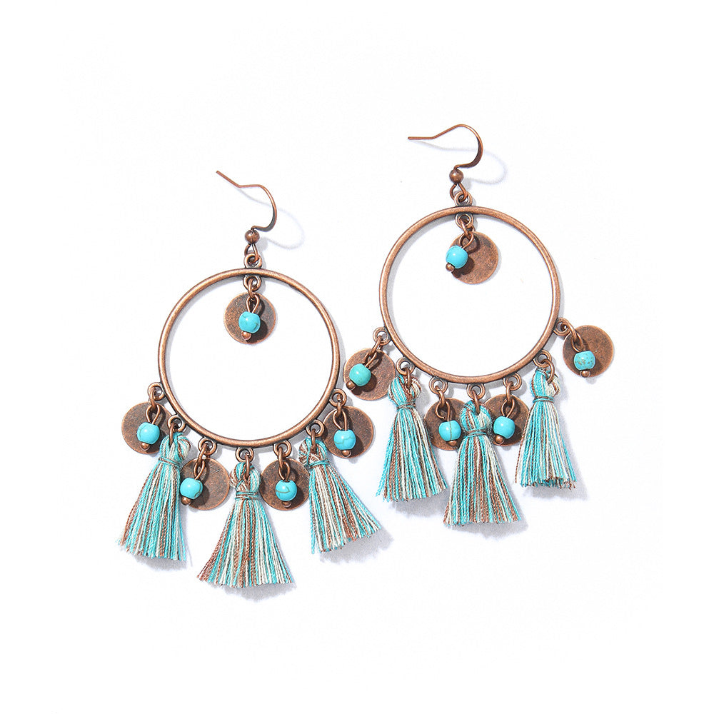 Wholesale Handmade Woven Tassel Earrings Bohemian Style Zinc Alloy Summer Beach Holiday Fashion Accessory