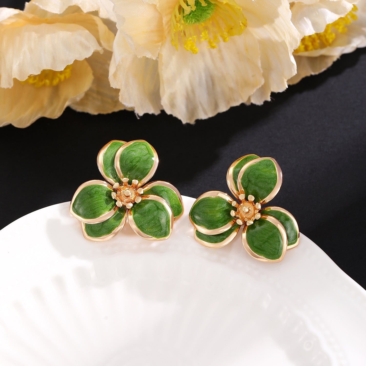 Wholesale Stylish Flower Earrings For Women Double Layer Petal Colorful Dripping Oil Zinc Alloy Everyday Jewelry Accessory
