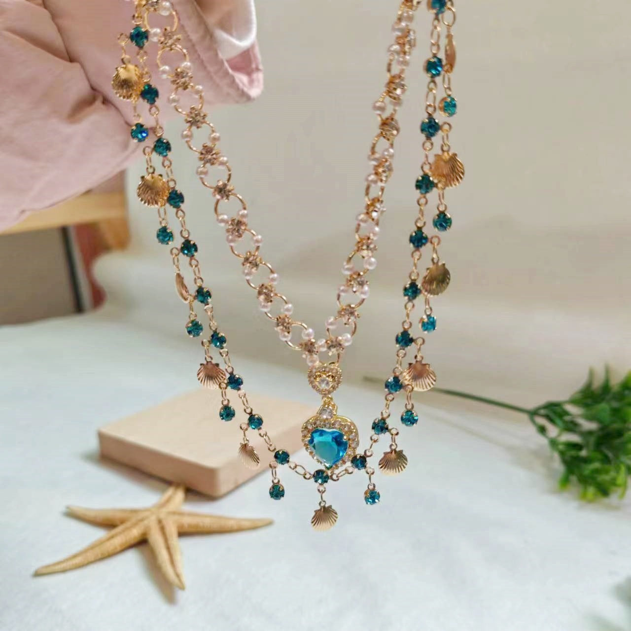 Wholesale Blue Love Shell Double Layer Gold Necklace Heart Necklace ACC-NE-JunJie002