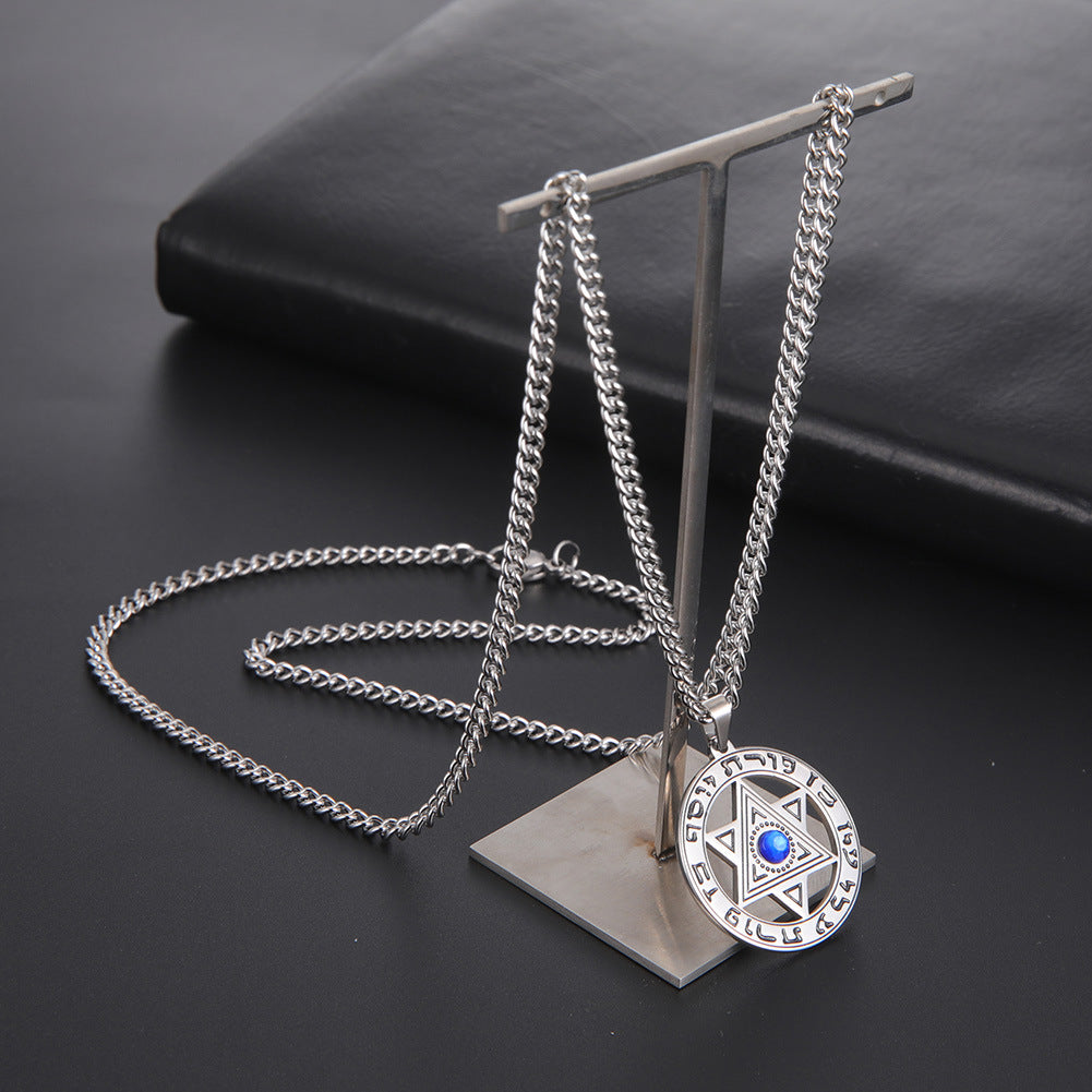 Wholesale Angel Eyes Stainless Steel Pendant Blue Diamond Lucky Hexagram Star Titanium Steel Men's Necklace ACC-NE-GeXiang005