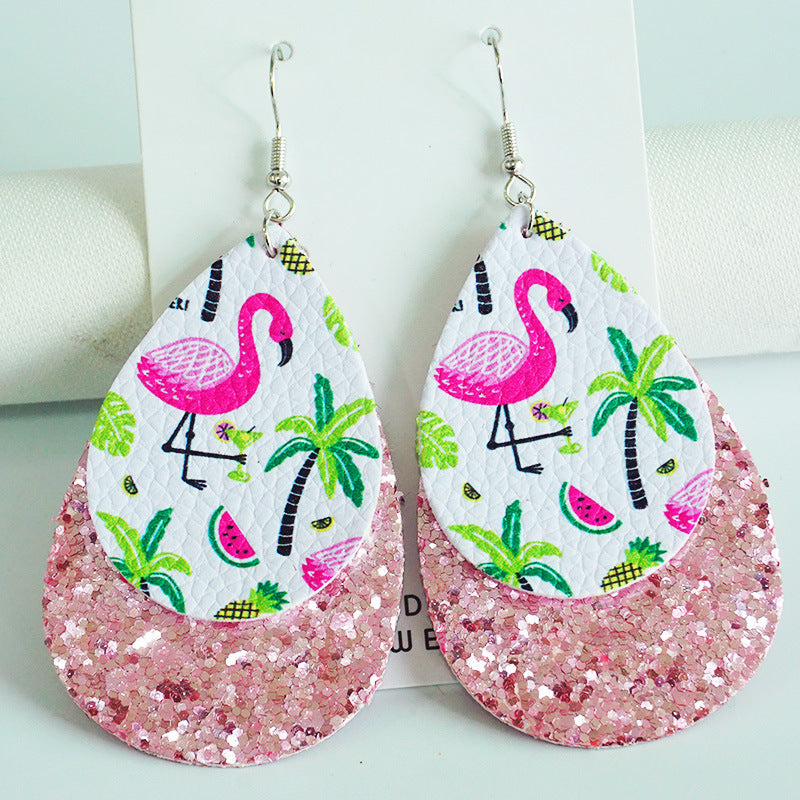 Wholesale 2 Pairs/pack Turtle Watermelon Flamingo Shiny Leather Drop Shape Multi-Layered Earrings ACC-ES-HY088