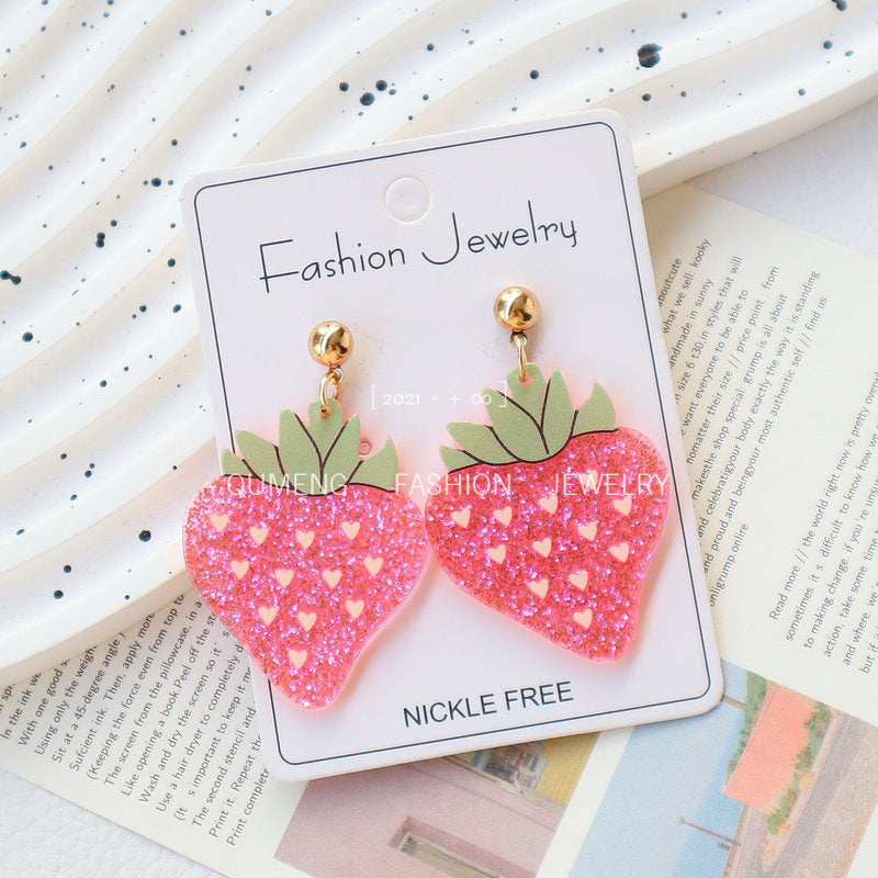 Wholesale Valentine' s Day Acrylic Heart Print Dwarf Strawberry Earrings