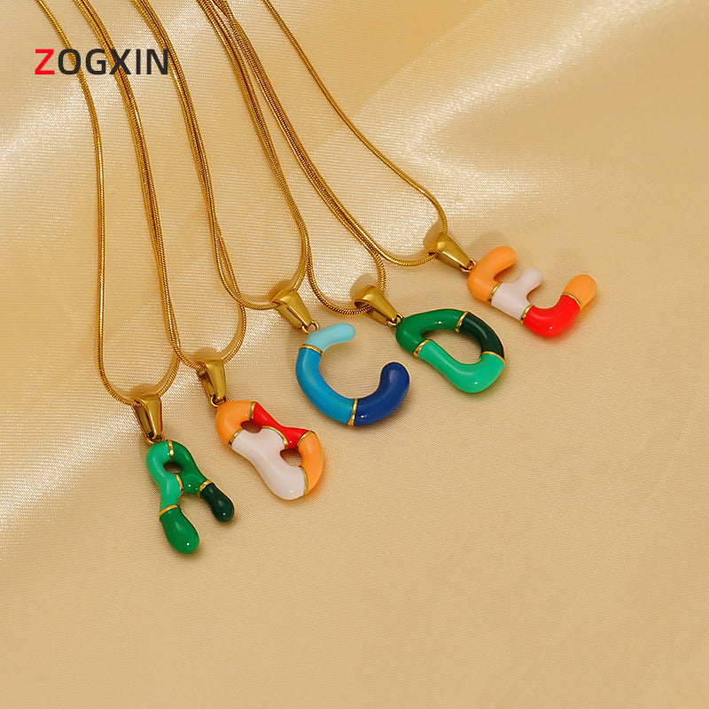 Wholesale Titanium steel oil drop 26 English letter necklace