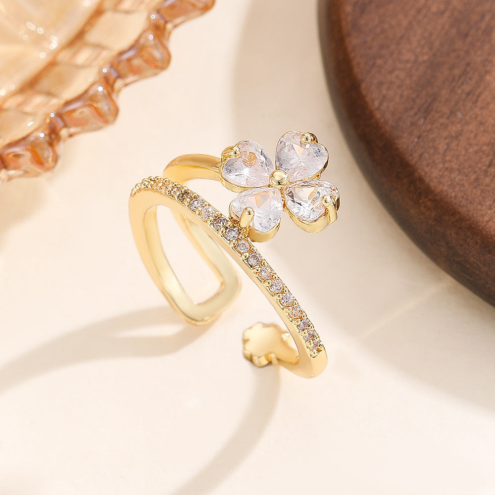 Wholesale Gold Four Leaf Clover Zircon Ring Elegant Fashion Jewelry Accessory For Gift Boutique Resale
