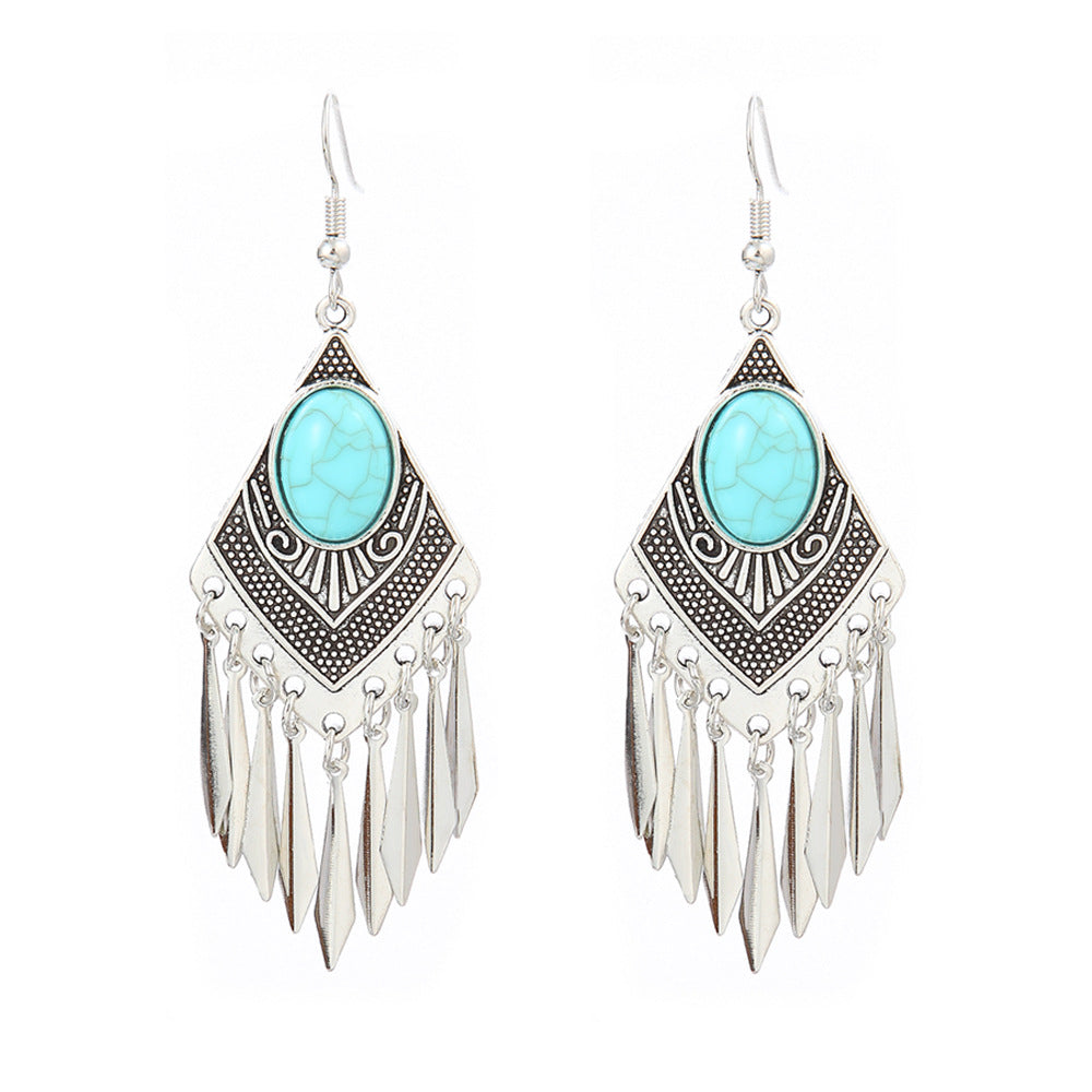 Wholesale Turquoise Tassel Earrings Geometric Alloy Design for Party Wear Boutique Resale Jewelry Accessory