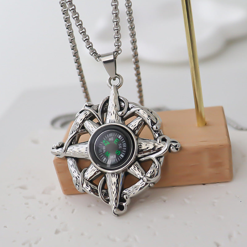 Wholesale Alloy Compass Pendant Necklace Silver Geometric Mens Trendy Street Fashion Jewelry
