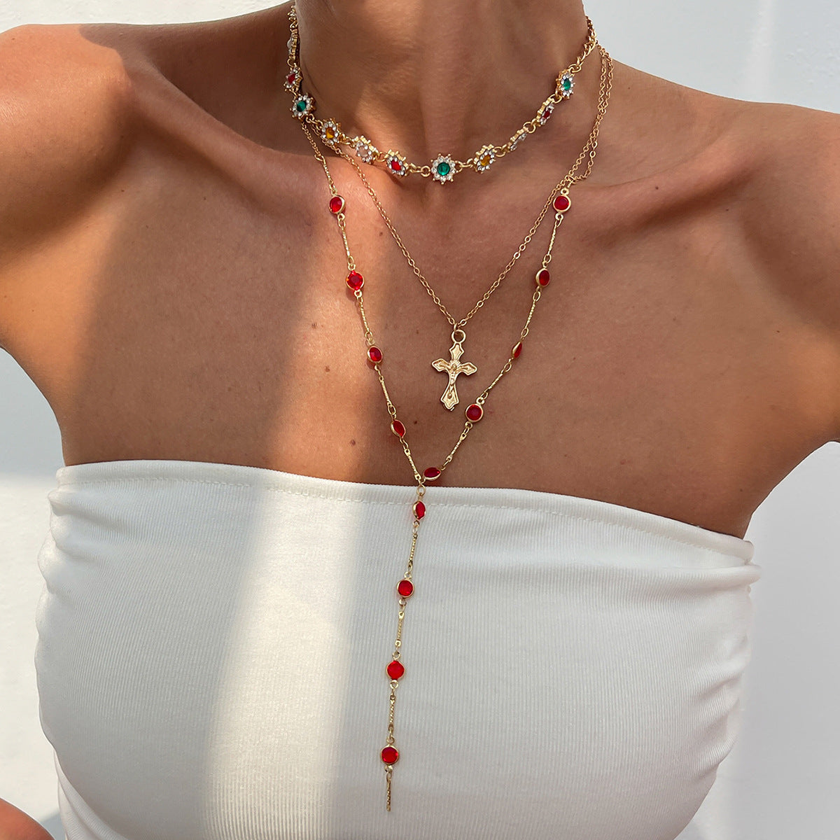 Wholesale Stylish Layered Cross Pendant Necklace With Tassel Rhinestone Gold Tone Alloy Electroplated Fashion Jewelry Accessory For Resale
