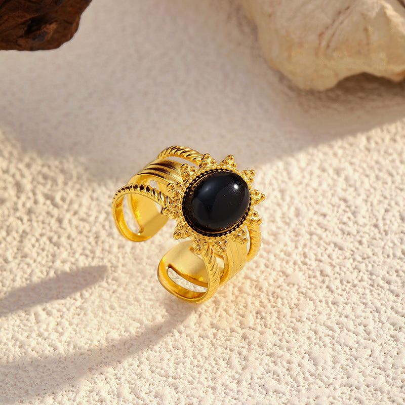 Wholesale retro obsidian open stainless steel ring